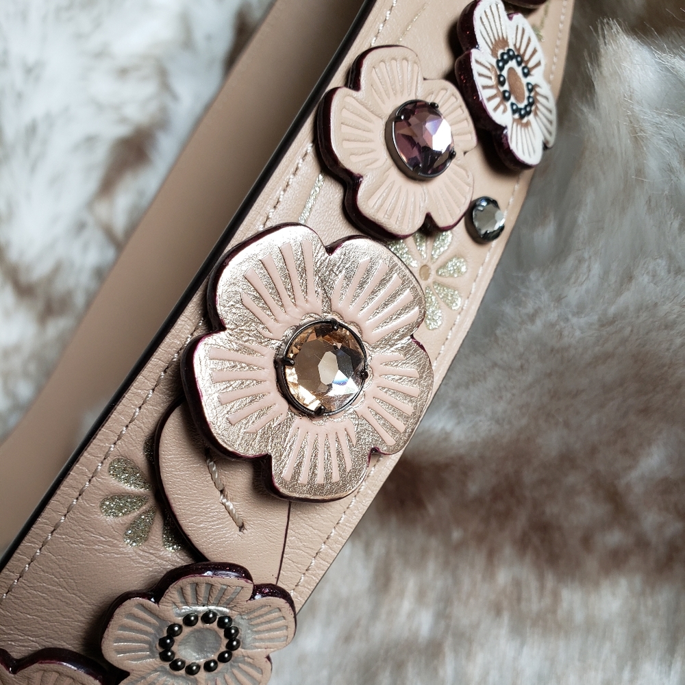 Coach 3D Floral Appliqué Leather Strap with Gem Accents
